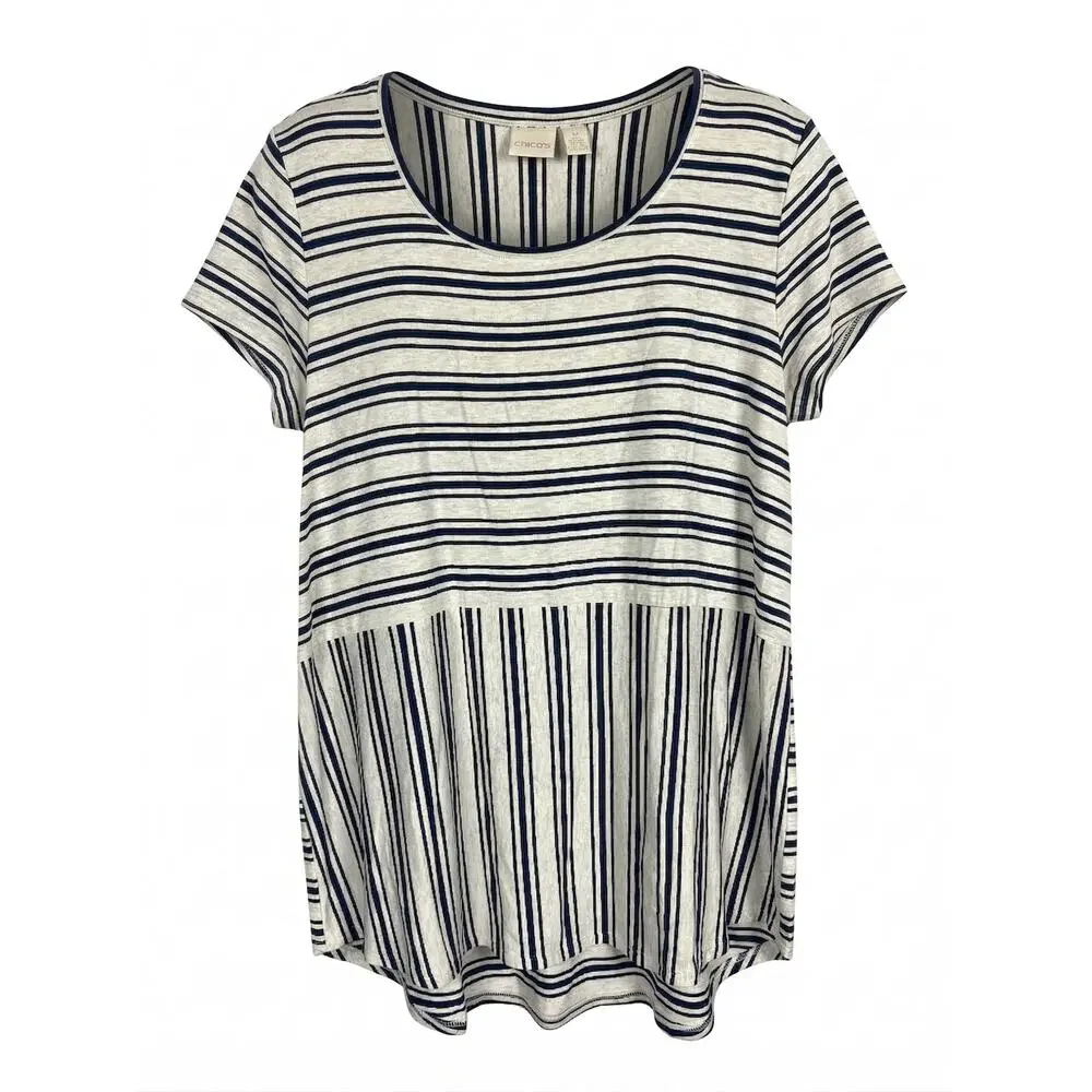 Chico's Women's XL Nautical Coastal Preppy Minimalist Vacation Striped‎ T-Shirt